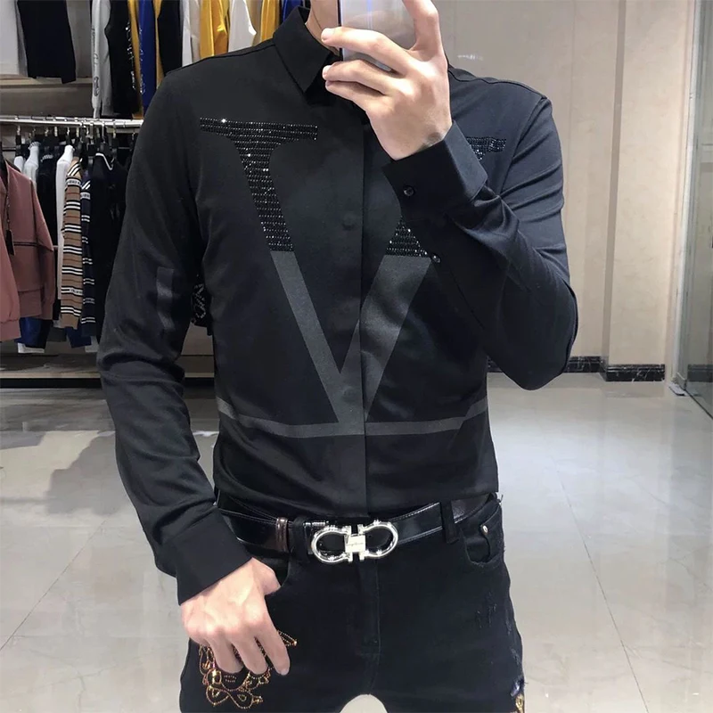 Brand Quality Men Diamonds Letter Print Social Shirts Fashion Luxury Men\'s Slim Fit Black Long Sleeve Dress Shirt Chemise Homme