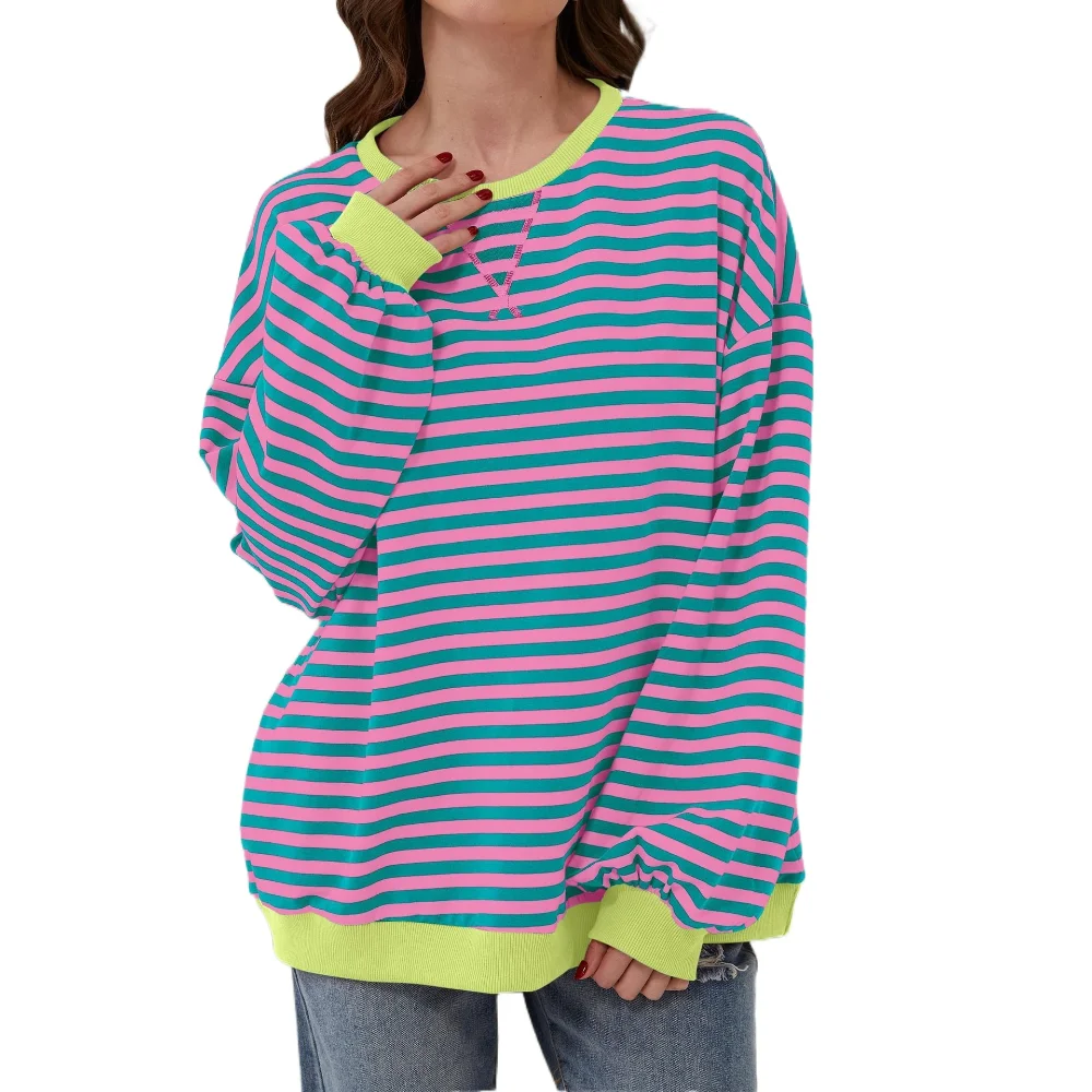 أنيقة فضفاضة مخططة المتضخم البلوز طاقم الرقبة الأساسية البلوفرات النساء Y2K كل مارس المرقعة كم طويل تي شيرت الإناث