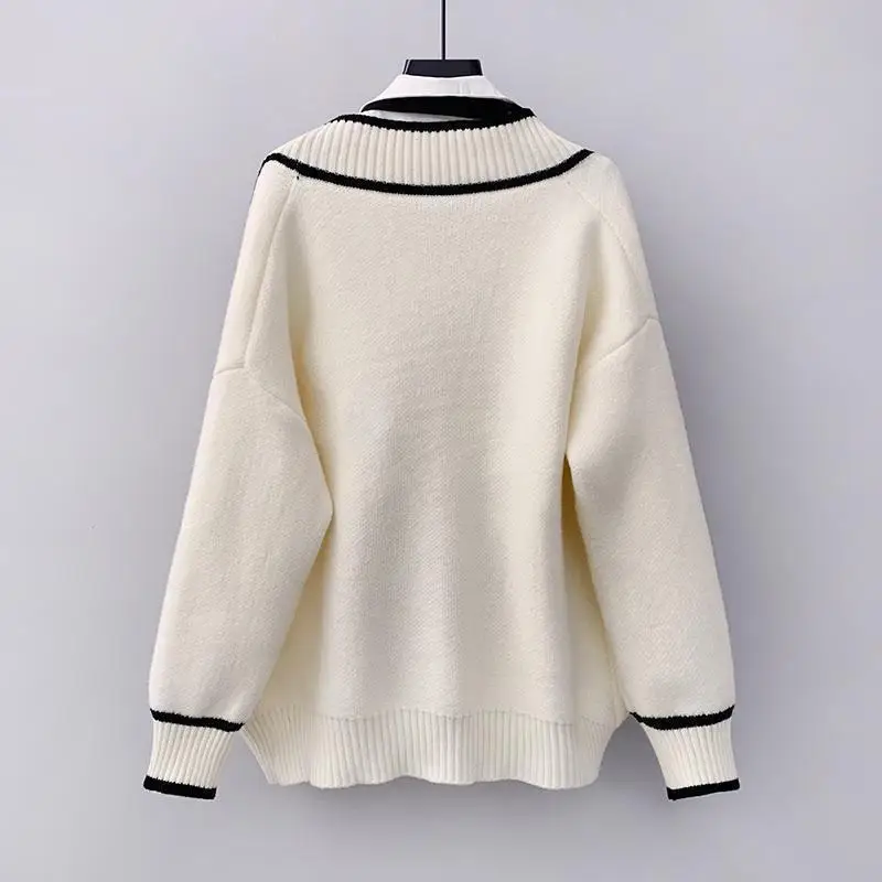 Cardigan Knit Sweater Women Patchwork V Neck Pockets Solid Long Sleeve Splice Jumpers Elegant Coat Loose Autumn Winter