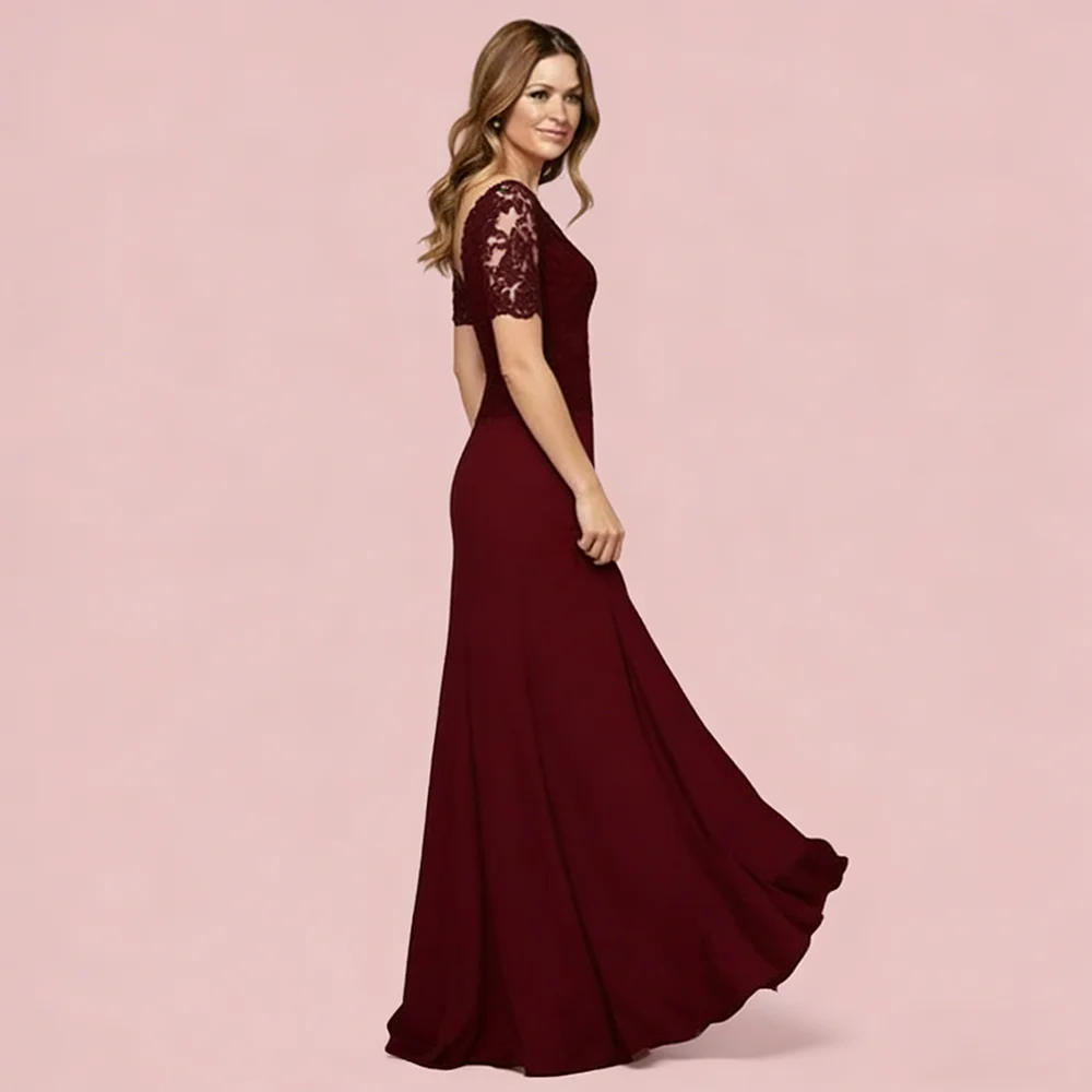 Burgundy Mother of The Bride Dresses Customized Elegant Chiffon V-Neck Short Sleeve Applique A Line Wedding Guest Party Dress