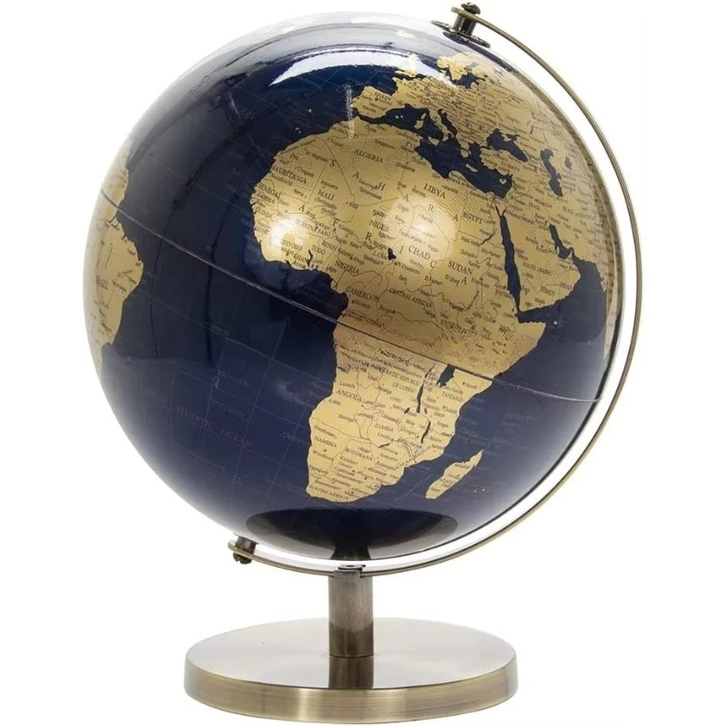 

World retro rotating gold and blue world globe with metal stand, designed for your desk/office