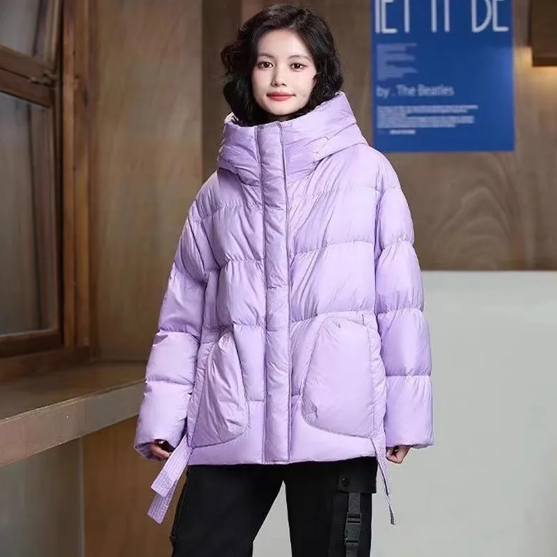 Short Down Jacket for Women, Warm Hooded Coats, Thick and Loose Outerwear, Monochrome, Casual and Fashionable, Winter