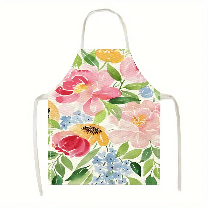 1pcs Watercolor Flower Apron Pink Yellow Bloom Print Linen Cotton Kitchen Baking Gardening Gift For Her