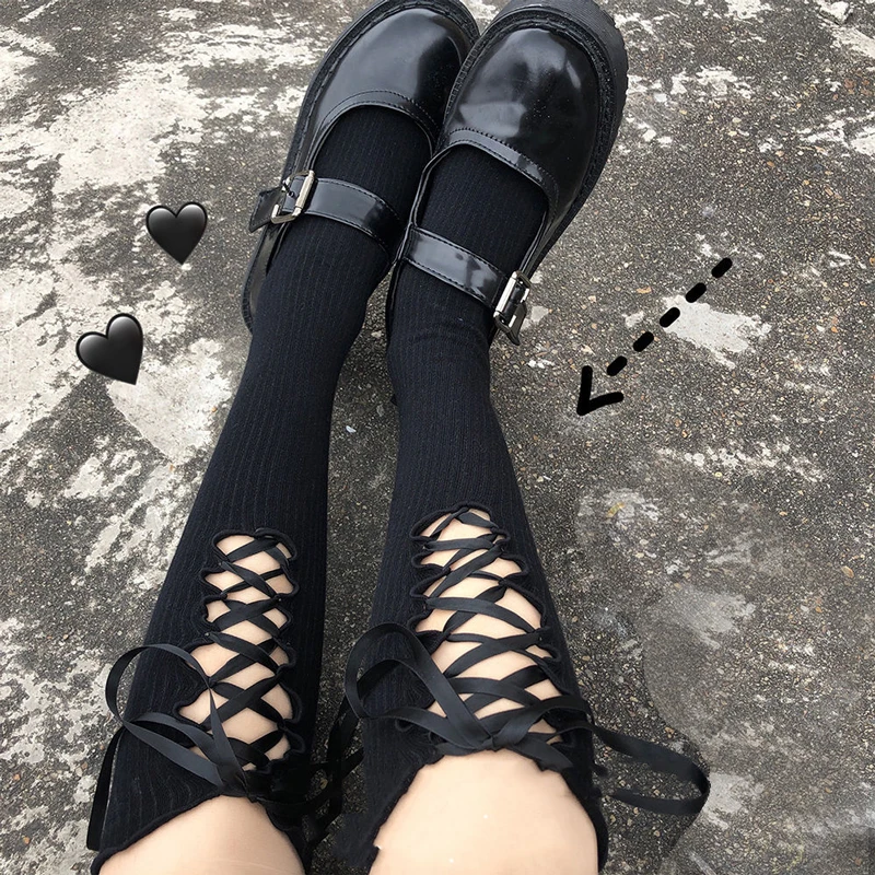 Women Stockings Sexy Lingerie lolita Cotton Fishnet Bandage Bowknot Thigh High Over Knee Socks Knee-High Student Stocking image 6