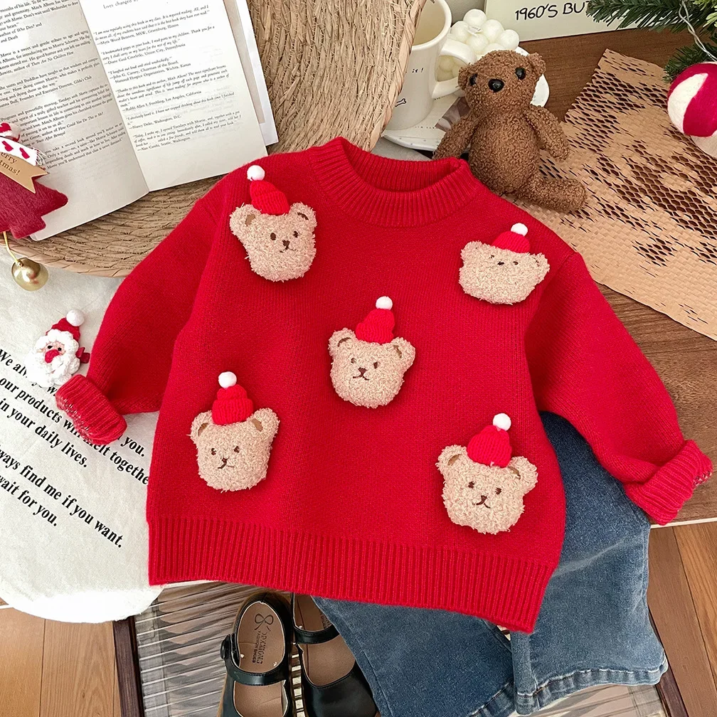 2025 موضة بنات بنين عيد ميلاد سعيد لطيف الدب الأحمر البلوزات طفل أطفال ملابس الشتاء الأطفال ملابس السنة الجديدة الملابس المتماسكة