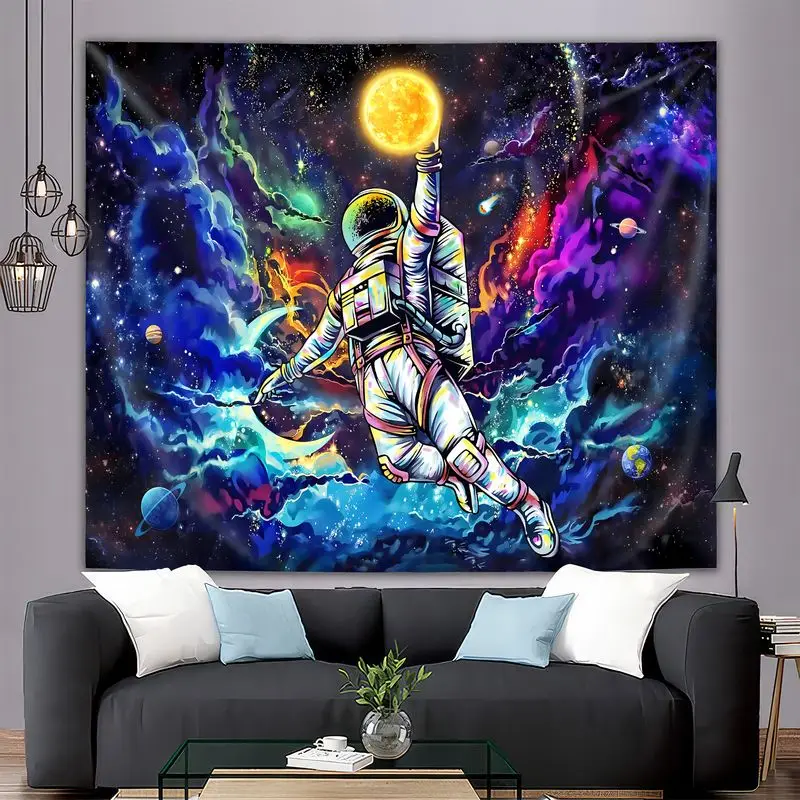 VIKAMA Colorful Nebula Astronaut Plucking Moon Science Fiction Tapestry Wall Art for Bedroom Living Room Decoration Esports