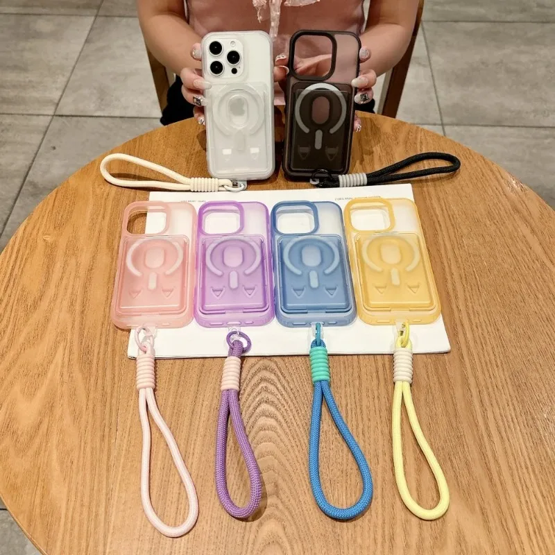Candy Clear Slot Card Holder Magnetic Wallet Phone Case For iPhone 17 16 Pro Max 15 14 Plus 13 12 Wrist Strap For Magsafe Covers