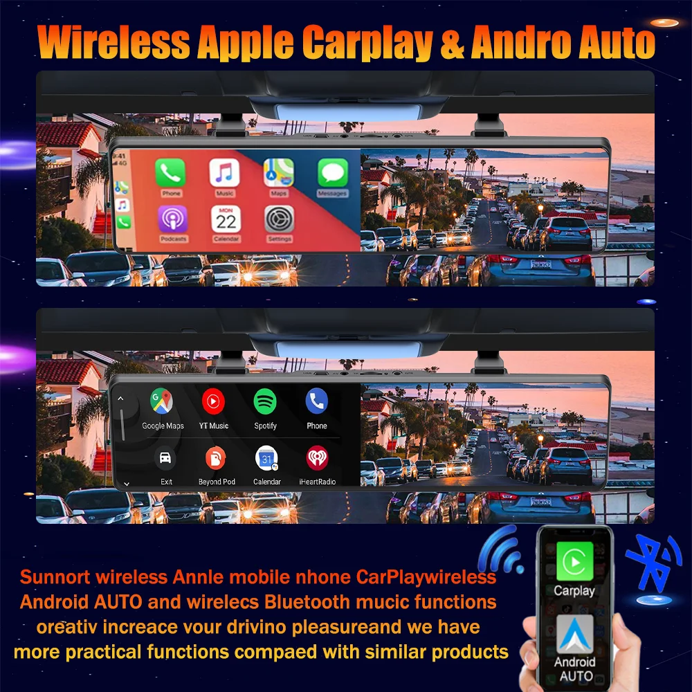 Aprilboy 12\'\' 4K Dash Cam Carplay with Wireless Carplay Android Auto Loop Recording WiFi Bluetooth Navigation Touchscreen Car