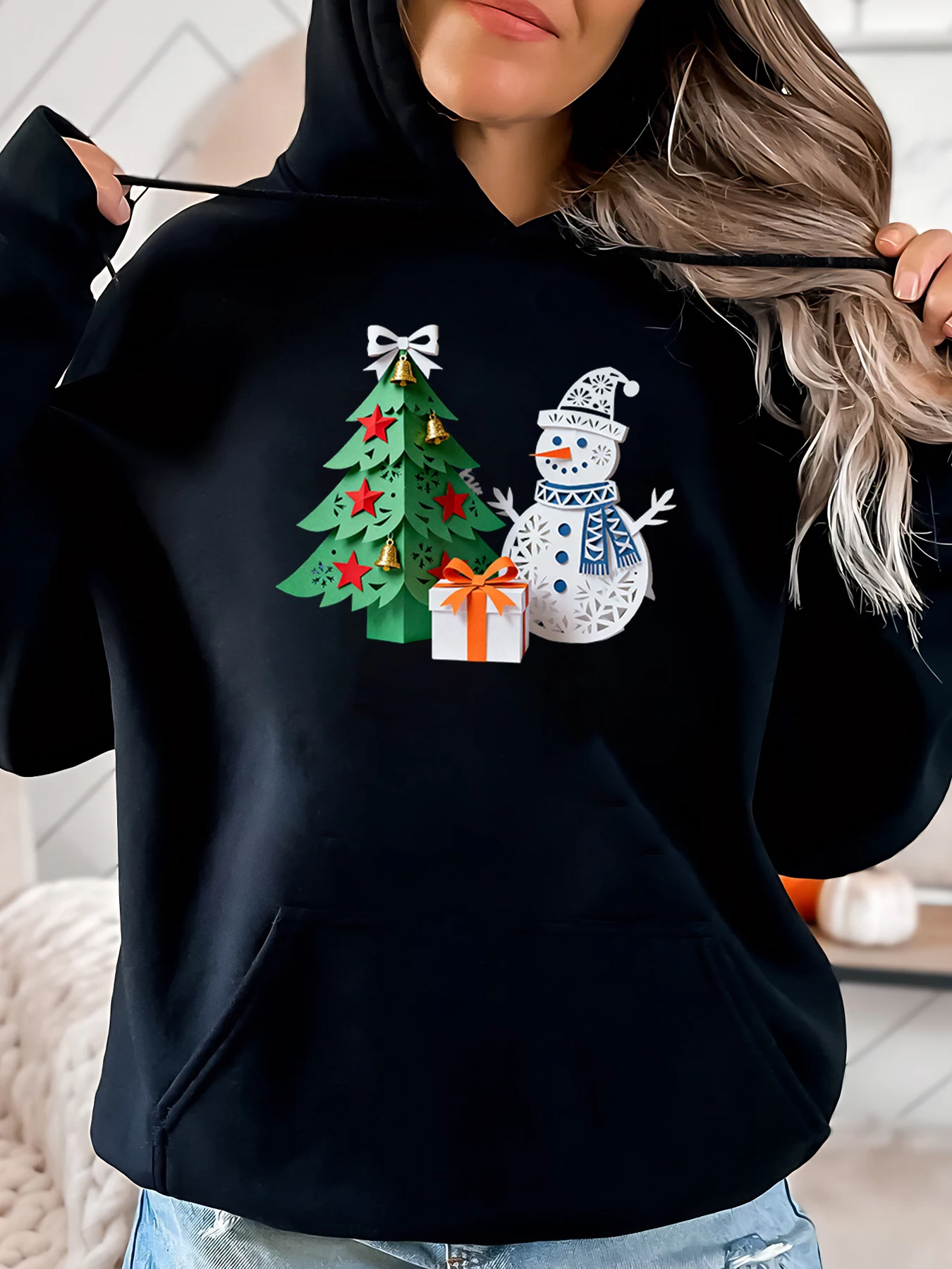 

Рождественская толстовка с принтом рождественской елки и снеговика, женская повседневная зимняя одежда, черная, больших размеров