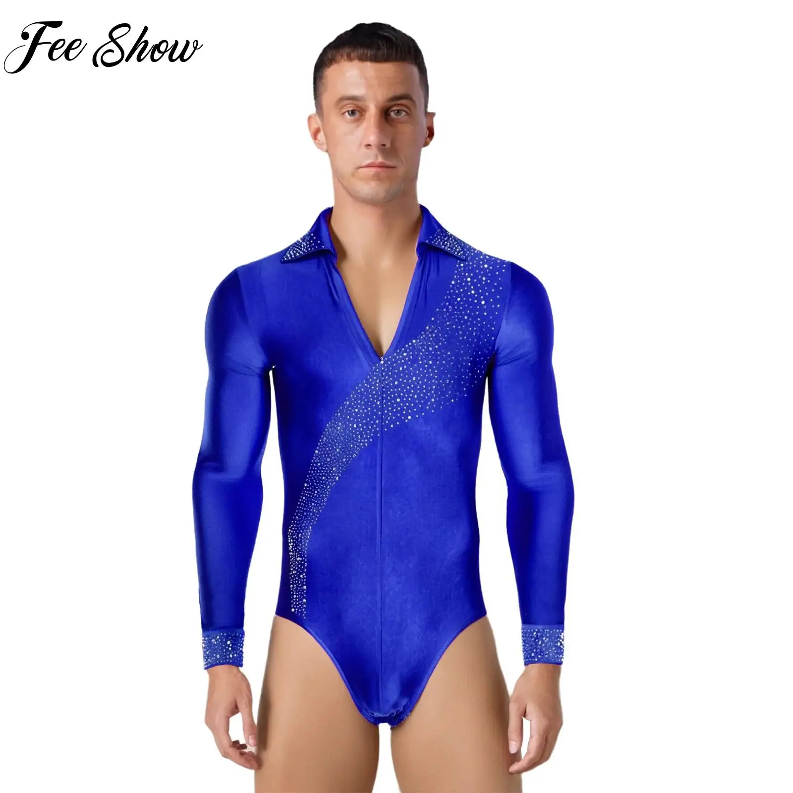 

Mens Latin Ballet Modern Dance Jumpsuit Rhinestones Long Sleeve Dance Bodysuit Stage Performance Competition Costume Dancewear