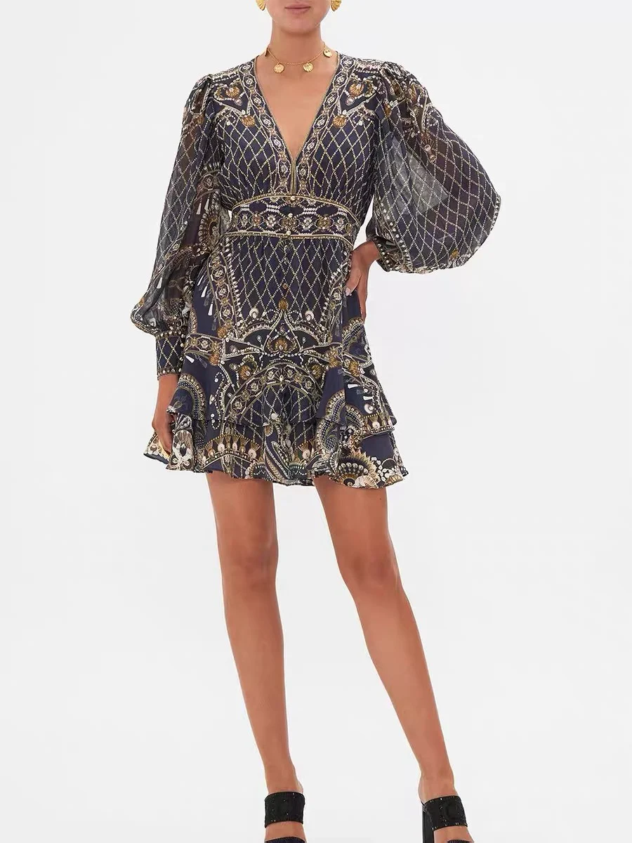 

Women Vintage Printed V-Neck Beaded Slim Waist 100% Silk Mini Dress