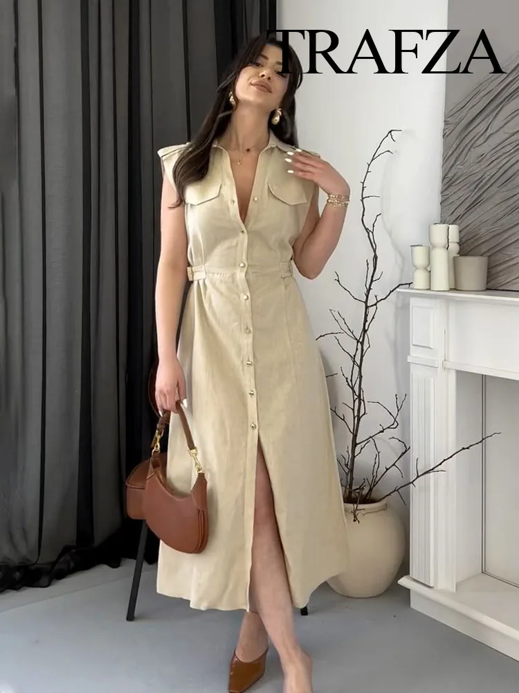 

TRAFZA Women's Linen Comfortable Lapel Sleeveless Dress Female Fashion Simple Single Breasted Belt Decorative Casual Dress Mujer