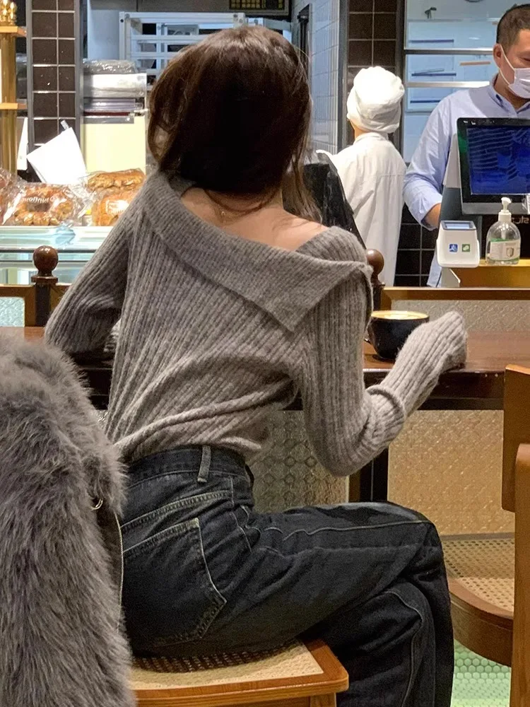 

Shoulder Bared Knitwear Women's Slim Fit Inner Wear Outer Wear Lazy Style Soft Top Korean Style Commute Fashion Long Sleeve