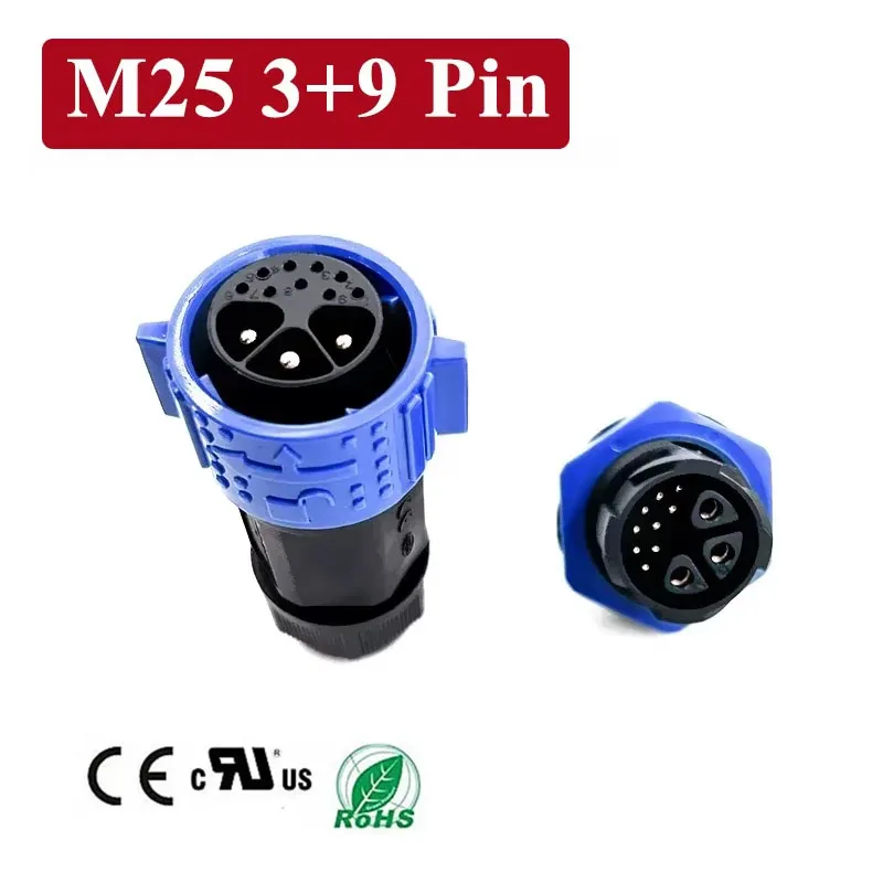 20A M25 3+9 Pin Self-locking Assembled Connector Waterproof Aviation Plug Joint Power Plug 12Pin Male Female Socket 300V IP67