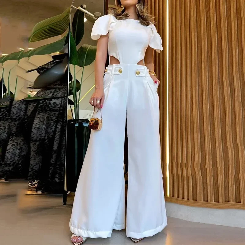 Tracksuit Pant Sets Women Two Piece Set Wide Leg Pants Pockets Hollow Tops Sexy Button Loose Solid High Street Ankle Length