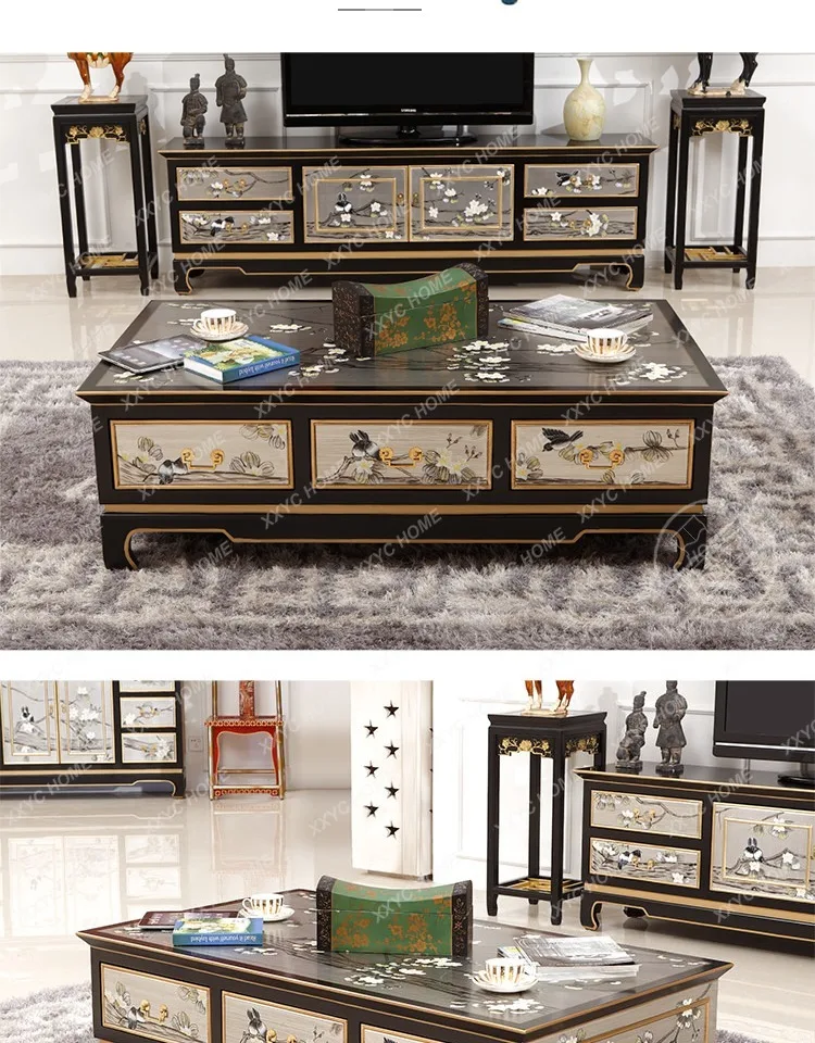 1.4 meters villa large storage solid wood modern new Chinese style living room rectangular coffee table TV cabinet