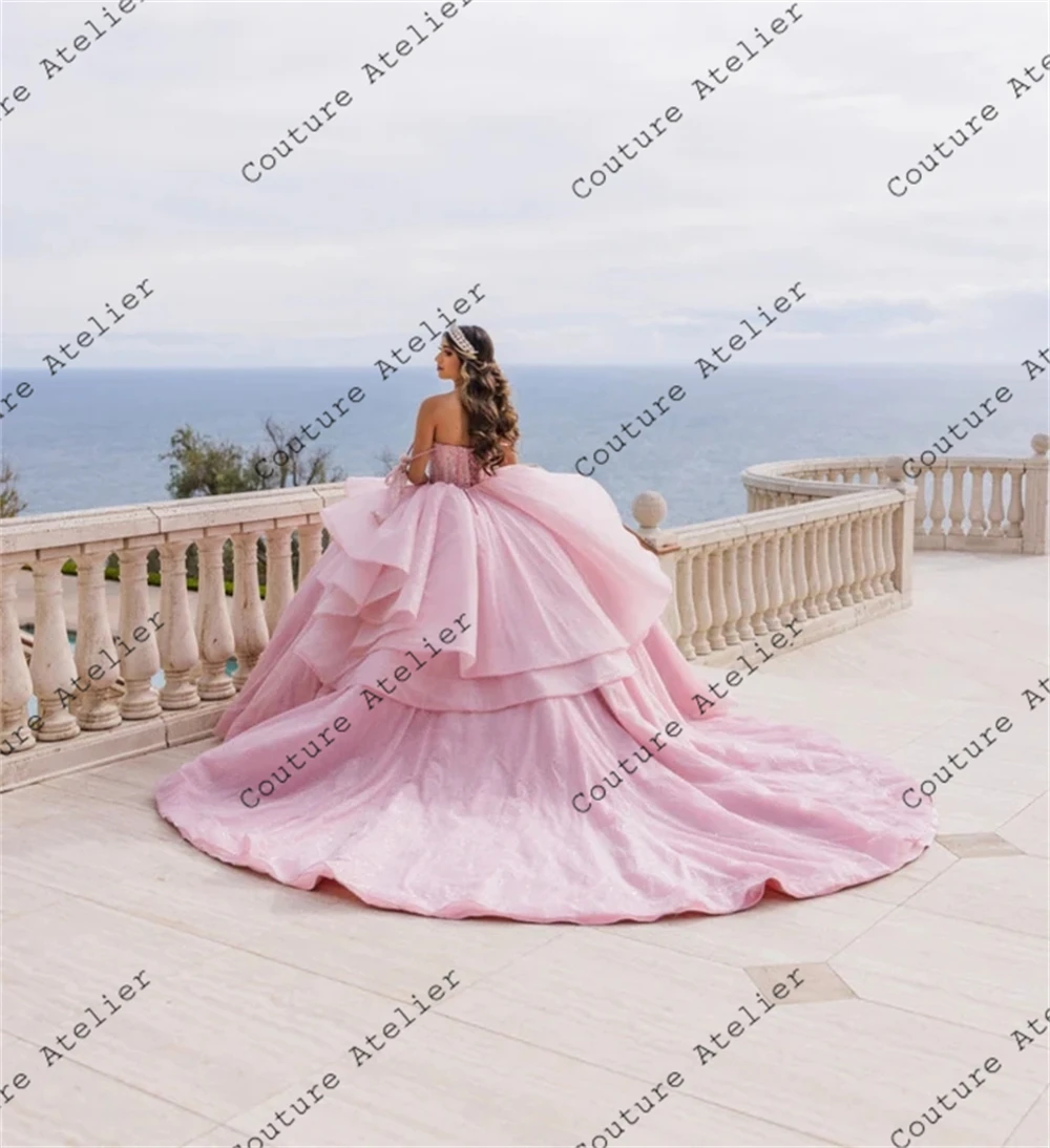 Shinny Ruffels Quinceanera Dresses 15 years pink stick Off The Shoulder Bow Sweet 16 Dresses Ball Gown Birthday Gowns Lace-up