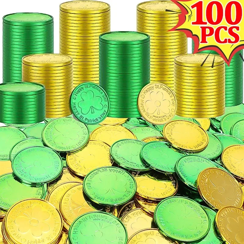 5/100PCS St. Patrick's Day Gold Coins Green Shamrock Gold Coins Party Props Decorations Gold Coins for Kid Birthday Party Decor