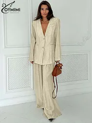 Oymimi Fashion Khaki Two Piece Set For Women Elegant Deep V-Neck Long Sleeve Button Shirts And High Waisted Loose Trousers Sets