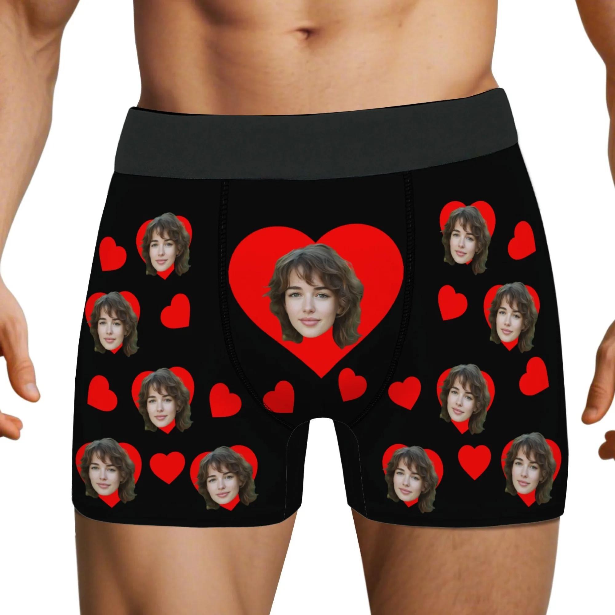 Funny Sweet Happy Romantic Men's Custom Face Boxers Briefs Black Red Heart Pattern Print Valentines Gift for Boyfriend Memory