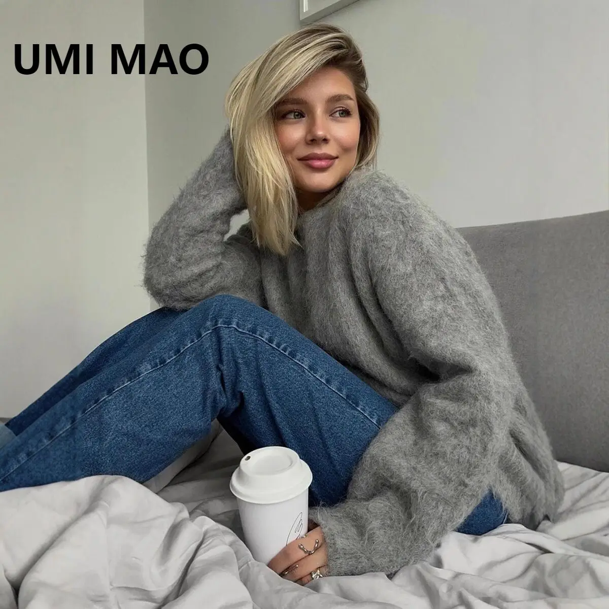 UMI MAO русский однотонный свитер с круглым вырезом из искусственной норки для женщин, повседневный новый стиль, мягкий вязаный базовый топ UMI MAO русский однотонный свитер с круглым вырезом из искусственной норки для женщин, повседневный новый стиль, мягкий вязаный базовый топ