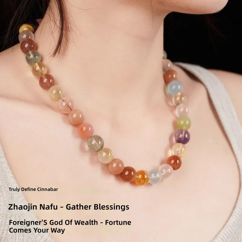 Wei Xue's same Duobao crystal beaded necklace strawberry crystal gold sun gold hair crystal green ghost natural rice gift