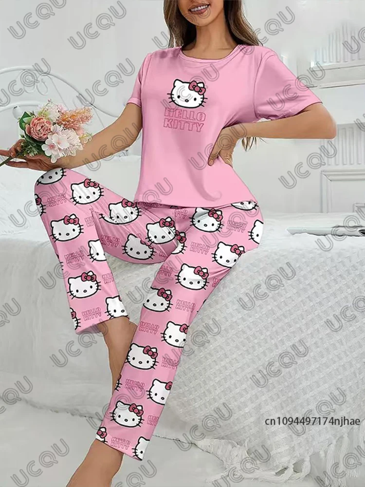 女性のズボン ジャージ ハローキティ プリント T シャツ + パジャマ パンツ セット カジュアル カップル スーツ ファッション ホーム服 2 ピース衣装