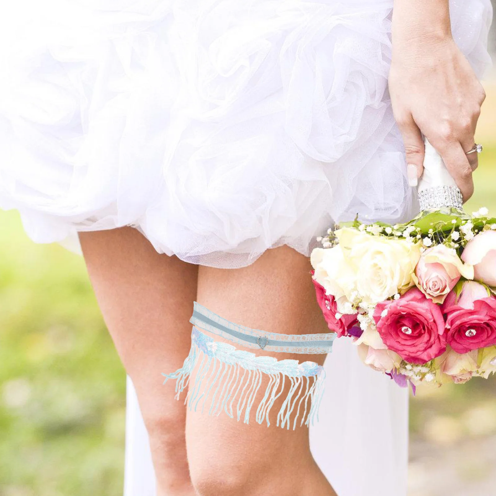 

1Pair Sky Blue Tassel Bridal Lace Leg Garter Sparkling Adjustable Bride Decoration Lace Garter Leg Band