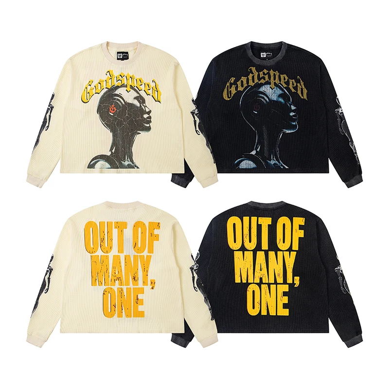 

Winter New Godspeed Waffle Knit Long-sleeved Robot Print Washed Tops Men's American High Street GOD SPEEDT-Shirt