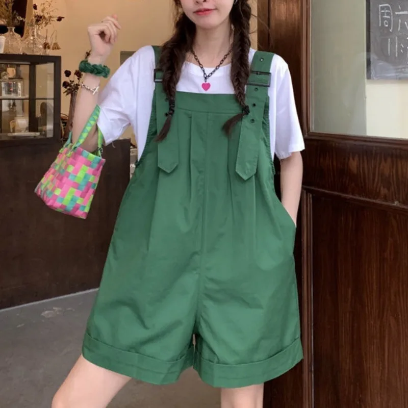 

Summer Rompers Women Preppy Style Casual Students Kawaii Sweet European Fashion Playsuits Streetwear Ins Solid Pocket High Waist