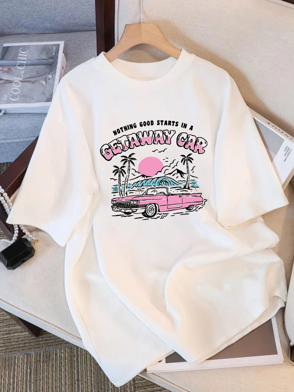 

100% Cotton Womens T-Shirt Summer Nothing Good Starts In A Getaway Gar Printing T Shirt Soft Loose O-Neck Tops Casual Clothes