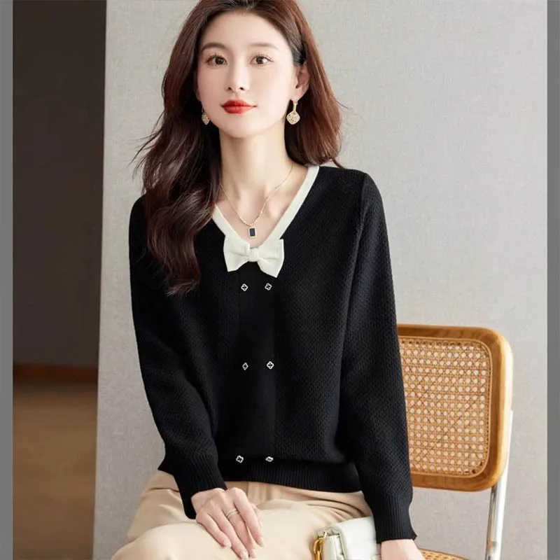 Women\'s Clothing Fashion V-neck Bow Knit Pullovers Spring Autumn Elegant Loose Long Sleeve Sweaters Office Lady Chic Button Tops