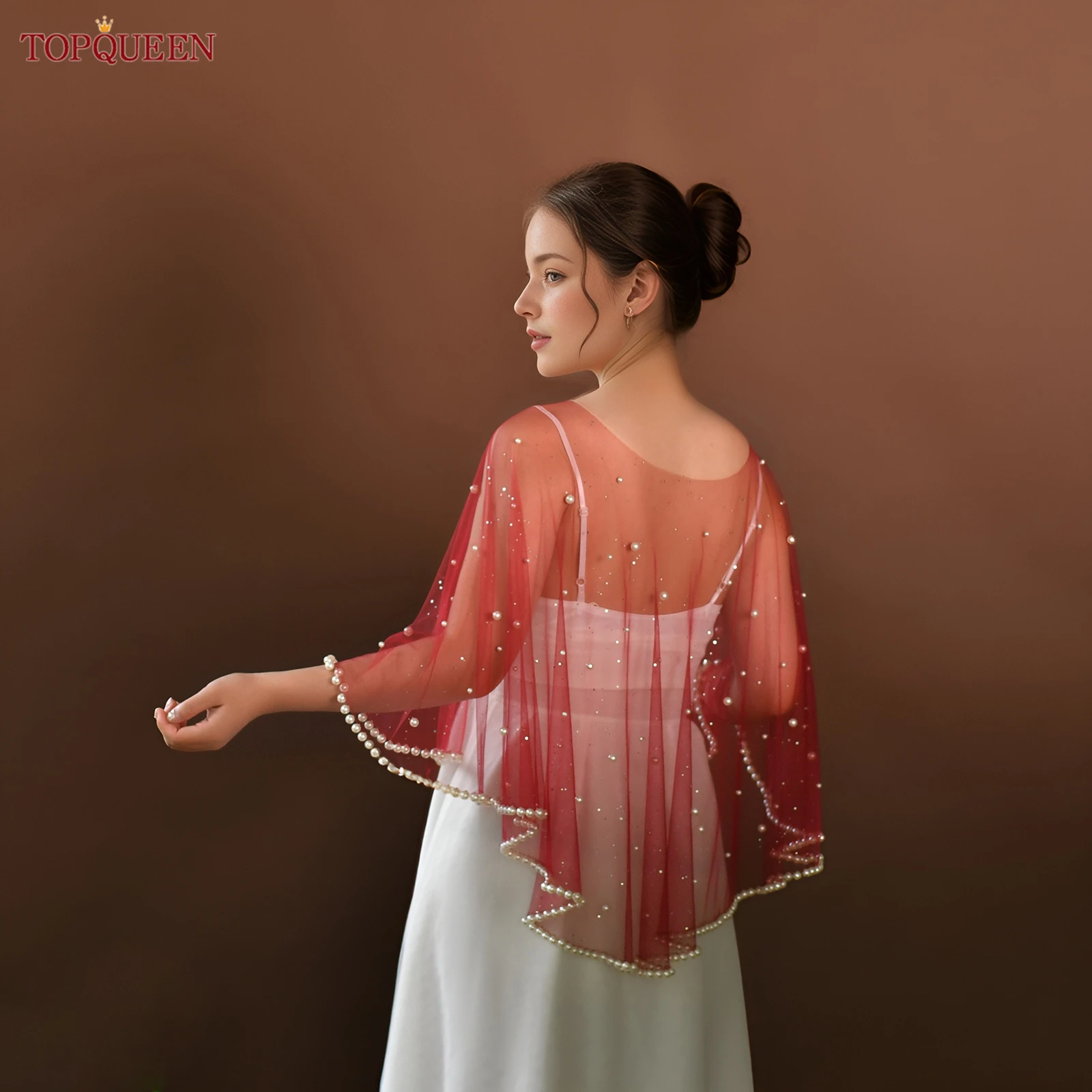 

TOPQUEEN VG128 Классический универсальный шарф с жемчужной отделкой, однослойный, короткий, до локтя, модное свадебное пальто