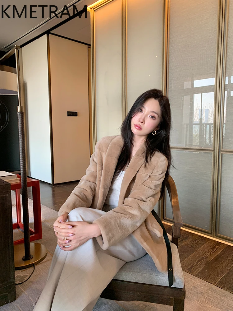 KMETRAM 100% chaqueta de piel de visón de terciopelo para mujer, traje de piel auténtica con cuello en V Beige, chaquetas con cinturón, ropa de invierno para mujer, 2025 шу onder