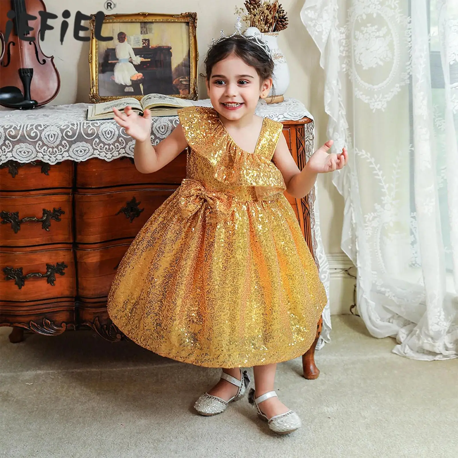 

Toddler Girls Shiny Sequin Birthday Wedding Party Dress One Shoulder Bow Tulle Tutu Ball Gown for Evening Pageant Photography