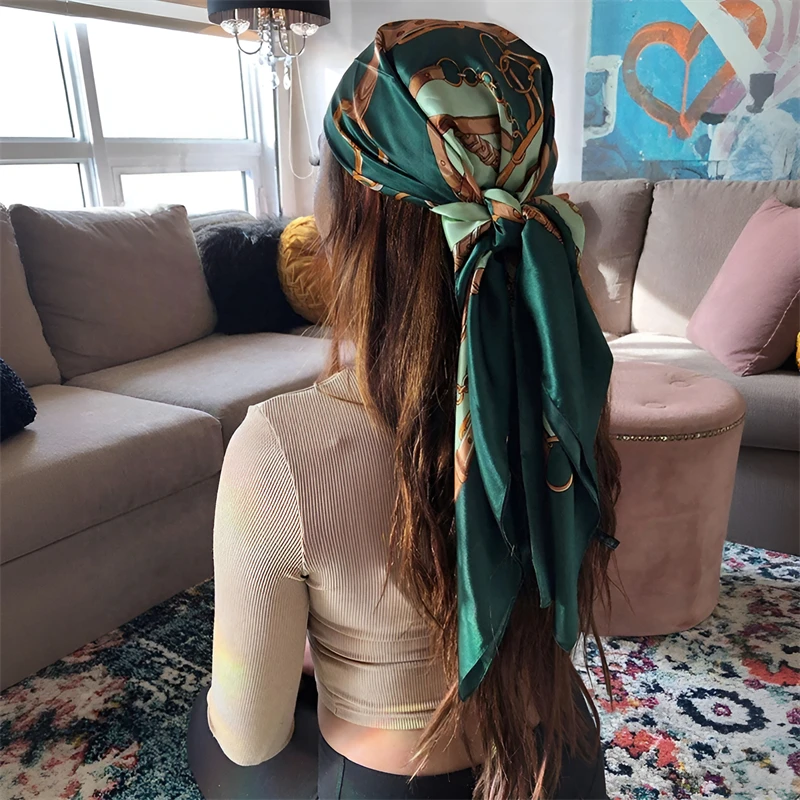 Luxury Brand Silk Satin Square Scarf Women Hijab Bandana Muslim Headscarves Shawl Wrap Ladies Headband Neckerchief Foulard 90cm image 5