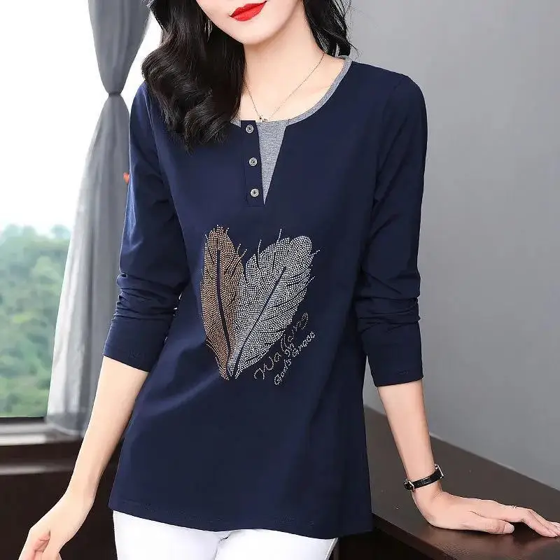 

Fashion Casual Diamonds Fake Two Pieces Button Cotton T-Shirt Woman 2022 Long Sleeve Oversized Loose Pullovers Tops Ladies Tunic