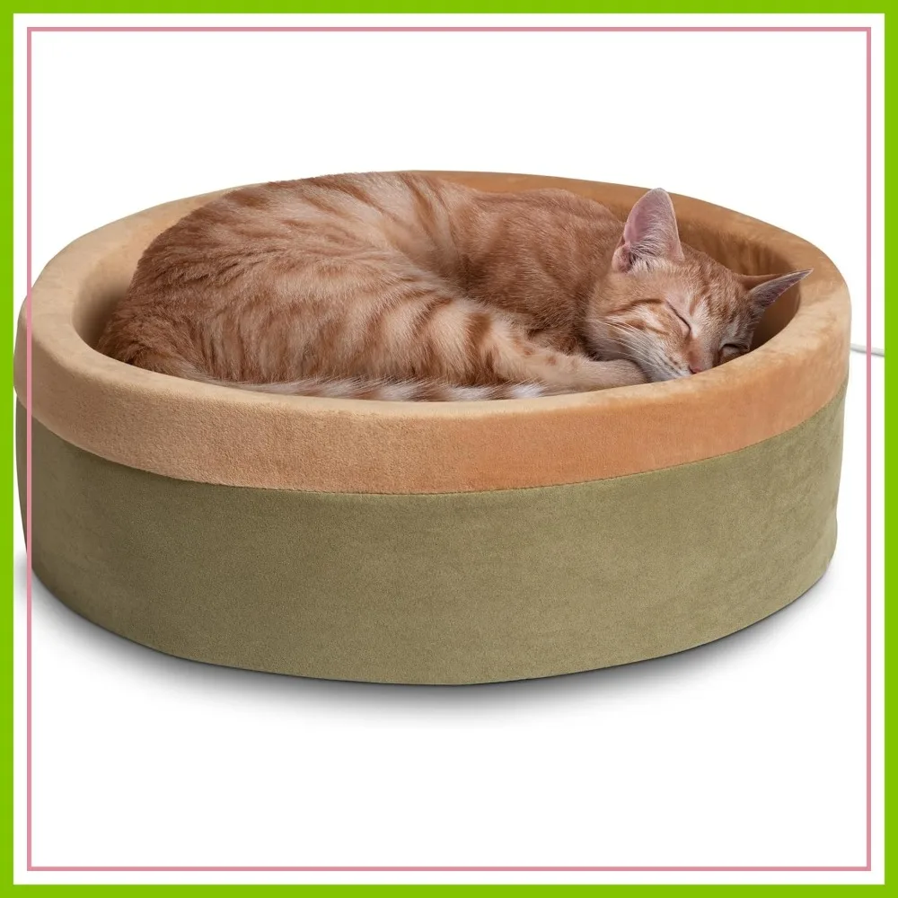 

Heated Cat Bed for Large Indoor Cats & Dogs, Calming Warming Pillow, Machine Washable, Removable Heater, Safety Listed - 20" Round Sage/Tan