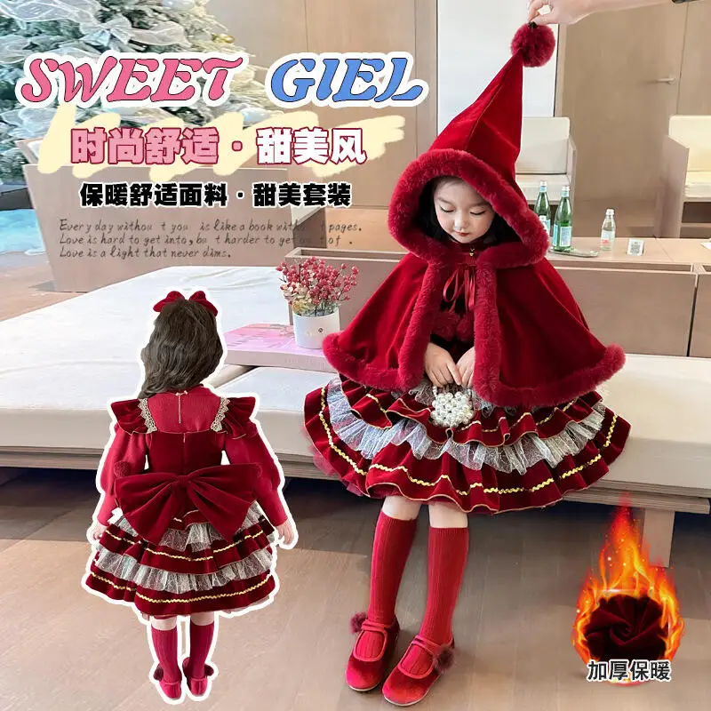 

Рождественский комплект красного платья Лолиты для девочек, детское зимнее плотное платье с героями мультфильмов аниме, модная пышная юбка-тортик, платье принцессы