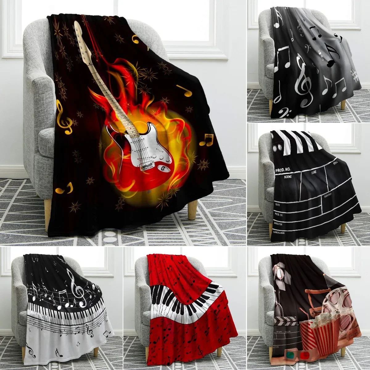 Music Themed Flannel Throw Blanket Guitar Piano Drum Pattern Super Soft for Sofa Bed Living Room Couch Blanket Music Lover Gifts