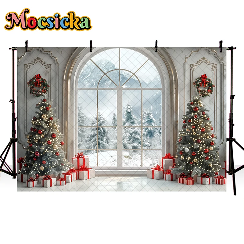 Mocsicka Winter Christmas Indoor Window Backdrop Kids Adult Photography Props Xmas Tree Gift Box Decor Photo Background Studio