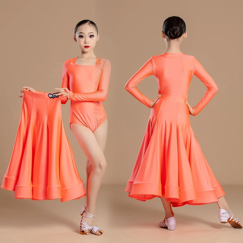 

New Ballroom Dance Competition Dress For Girls Long Sleeved Large Skirts Training Clothes Modern Dance Performance Dress DN18510