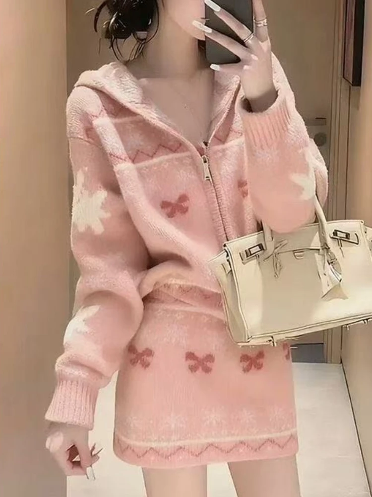 فرنسا نمط خمر منقوشة مقنعين مجموعات المرأة موضة سترة متماسكة + الحلو ألف خط تنورة دعوى عادية قطعتين مجموعة شتاء جديد #2