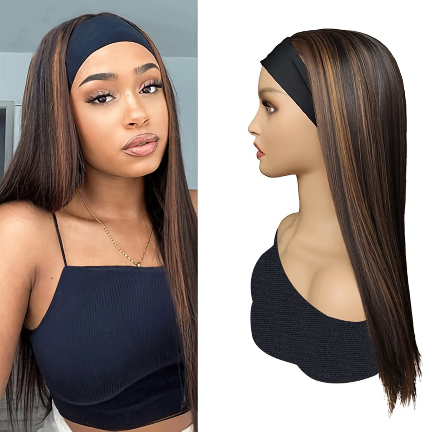 Long Straight Syntheic Wigs for Black Women 20 Inch Glueless Wigs with Headband Highlighted Half Wigs for Daily Party Use