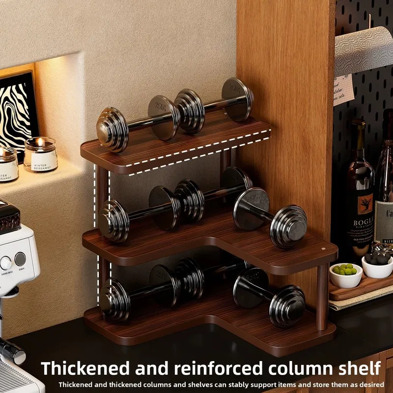 L-Shaped 3-Tier Corner Shelf Wooden Desktop Storage Rack Walnut Kitchen Spice Organizer for Coffee Station Counter Cup Display