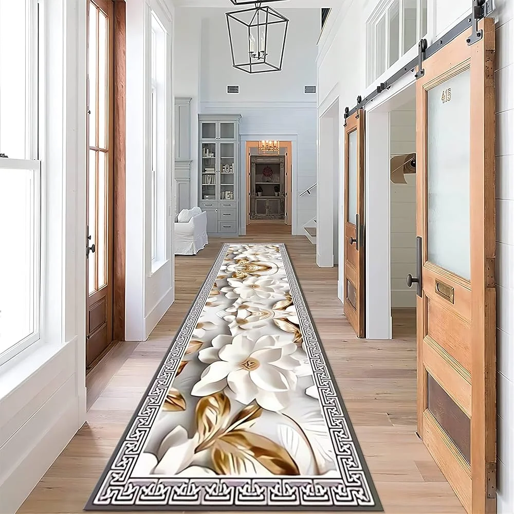 Elegant Runner Rug European Golden Branch Lily Pattern Non Slip Print Floor Runner for Kitchen Hallway Entryway