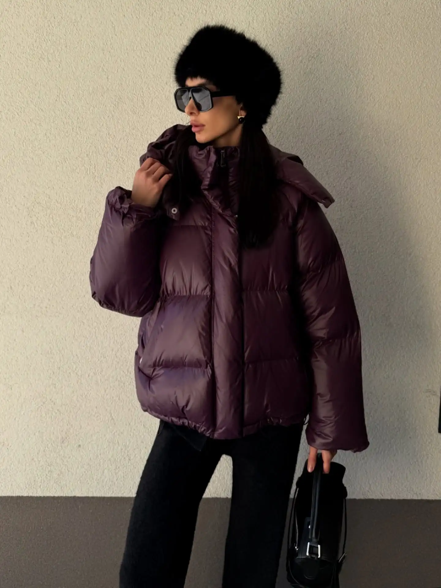 Women Solid Quilted Hooded Cotton Jacket Casual Stand Collar Zipper Full Sleeve Loose Warm Coats Lady Winter Commute Street Coat