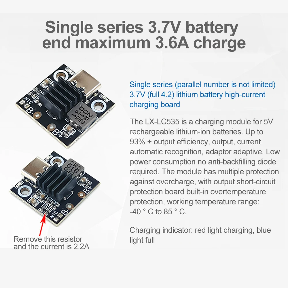 1S 5V 2.8/3.6A Lithium Battery Charge Module Boost Power Board Type-C Interface Over Charge Over Temperature Multi-protection