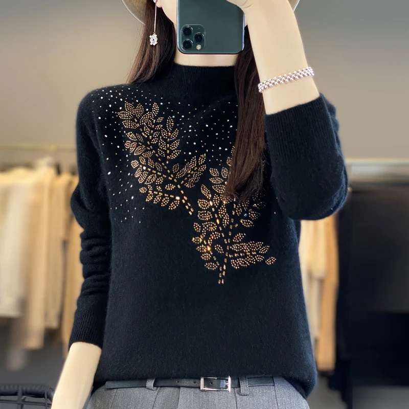 Women Autumn Winter Pure Wool Thickening Sweater Half-high Collar Leaf studded With Diamonds Pullover Female Knitted Basis Top