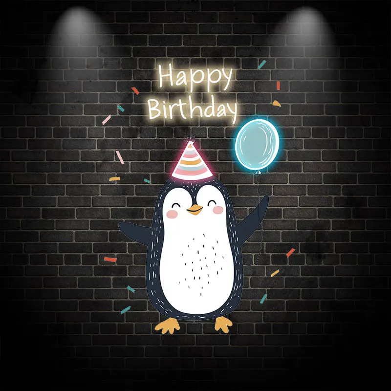 Little Penguin with Balloon Birthday Blessing Neon, LED Decoration Light, Cute Birthday Party Decoration, Creative Gifts